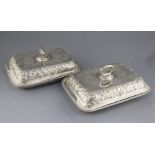 A pair of George III Scottish silver rectangular entree dishes and covers, with engraved armorial