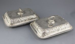 A pair of George III Scottish silver rectangular entree dishes and covers, with engraved armorial