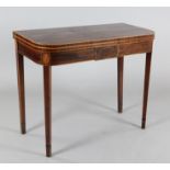 A George III boxwood strung inlaid mahogany tea table, with folding D shape top, on square tapered