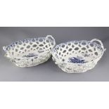 A pair of unusually large Worcester blue and white pine cone pattern baskets, c.1775, each applied