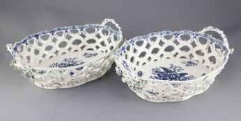 A pair of unusually large Worcester blue and white pine cone pattern baskets, c.1775, each applied