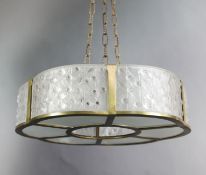 A pair of 1930's Lalique-style gilt metal and frosted glass hexalobed light fittings, inset with