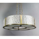 A pair of 1930's Lalique-style gilt metal and frosted glass hexalobed light fittings, inset with