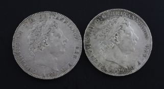 Two George III silver crowns, comprising 1820 LX, GVF and 1819 LIX, VF