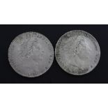 Two George III silver crowns, comprising 1820 LX, GVF and 1819 LIX, VF