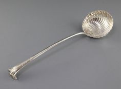 A George III silver Onslow pattern soup ladle by Jacob Marsh or John Moore, with fluted bowl,