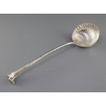 A George III silver Onslow pattern soup ladle by Jacob Marsh or John Moore, with fluted bowl,