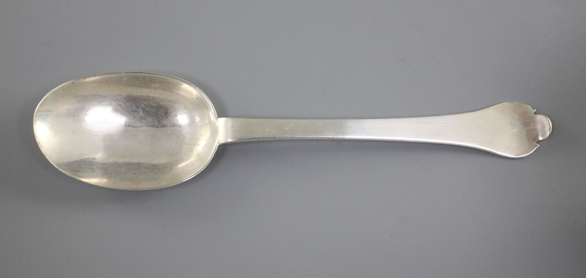 A James II silver rat-tail trefid spoon by John King, London, 1686, engraved with the initials "B.