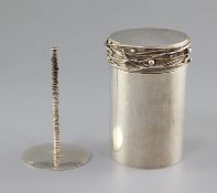 A 1970's silver cylindrical cigarette canister and cover by Graham Watling of Lacock, with sphere