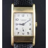 A gentleman's 1930's 9ct gold J. W. Benson manual wind wrist watch, with rectangular Arabic dial and