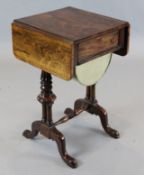 A Victorian rosewood work table, with leather lined writing slide and silks box, W.1ft 6in. D.1ft