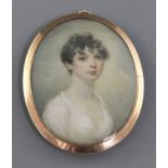 Attributed to George Chinnery (1774-1852)oil on ivoryMiniature of a lady wearing a white dressgold