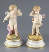 Two Meissen figures of Cupid, circa 1900, the first of Cupid holding a basket, the second holding