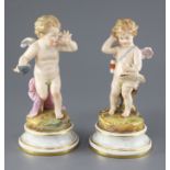 Two Meissen figures of Cupid, circa 1900, the first of Cupid holding a basket, the second holding