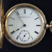 A 19th century Waltham 18ct gold keyless lever hunter pocket watch and a 9ct gold albert, the