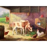 § Edgar Hunt (1876-1953)oil on canvasCalves and poultry in a stablesigned and dated 194718 x 24in.