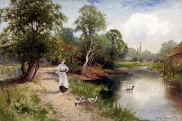 Ernest Walbourn (1872-1927)oil on canvasLady and geese beside a lakesigned and dated '9816 x 24in.