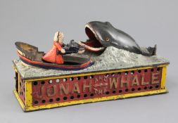 A cast iron 'Jonah and the whale' mechanical money bank, by Shepard Hardware, c.1890, with