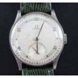 A gentleman's late 1930's steel Omega manual wind wrist watch, with Arabic and dot numerals and