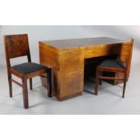 A Continental Art Deco walnut desk, with three frieze drawers and two cupboards, on plinth feet,