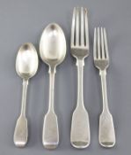 A matched part canteen of 19th century silver fiddle pattern flatware, with engraved armorial,