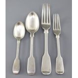 A matched part canteen of 19th century silver fiddle pattern flatware, with engraved armorial,