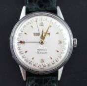 A gentleman's 1950's/1960's? stainless steel Movado automatic calendar wrist watch, with silvered