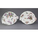 Two Worcester polychrome leaf-shaped dishes, c.1760, each profusely painted with floral sprays and