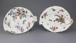 Two Worcester polychrome leaf-shaped dishes, c.1760, each profusely painted with floral sprays and