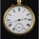 A Victorian gold keyless lever pocket watch and a 9ct gold albert, with Roman dial and subsidiary