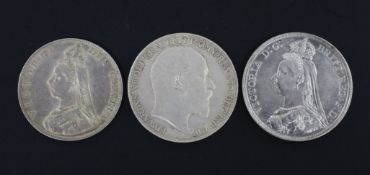 Victoria and Edward VII silver coinage; two crowns, 1887 edge nicks otherwise EF and 1902 GVF and
