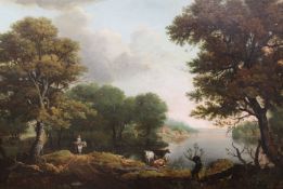 Attributed to Anthony Thomas Devis (1729-1816)pair of oils on canvasRiver landscapes with cattle and