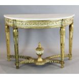 A Regence style 'D' shaped marble topped cream and gilt console table