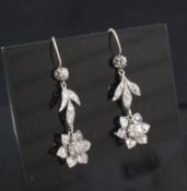 A pair of Victorian gold, silver and diamond cluster flower heads drop earrings, set with old mine