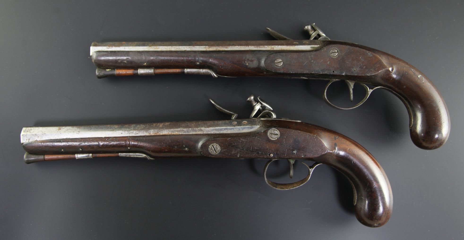 A pair of late 18th century flintlock holster pistols, with octagonal barrels and locks signed - Image 2 of 2