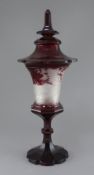 A large Bohemian ruby-stained glass cup and cover, mid 19th century, the body intaglio cut with deer