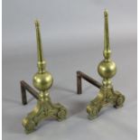 A pair of early 18th century style brass and wrought iron andirons H. 28in.