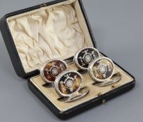 A George V cased set of four silver and tortoiseshell pique menu holders by William Comyns & Sons