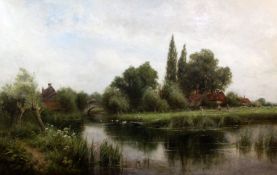 Henry John Kinnaird (1861-1920)oil on canvasDucks on a river with cottages and harvesters