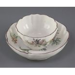 A Chelsea petal lobed tea bowl and saucer, c.1755, each painted with insects and floral sprays,