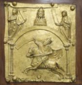 A gilt bronze casting of a medieval alabaster plaque, mounted on a hardwood backing frame, 21.5 x