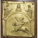 A gilt bronze casting of a medieval alabaster plaque, mounted on a hardwood backing frame, 21.5 x