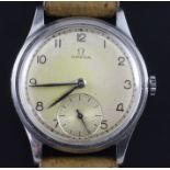 A gentleman's mid 1940's stainless steel Omega manual wind wrist watch, with Arabic dial and