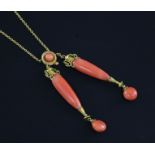 A Victorian 15ct gold and coral double drop pendant necklace, with urn shaped drops and cannetile