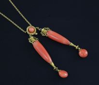 A Victorian 15ct gold and coral double drop pendant necklace, with urn shaped drops and cannetile