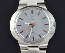 A gentleman's 1970's stainless steel Omega Dynamic wrist watch, with grey dial, baton numerals