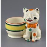 A Clarice Cliff 'Laughing Cat' pen holder, circa 1932, black printed mark 'Bizarre by Clarice