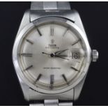 A gentleman's stainless steel Tudor Oysterdate manual wind wrist watch, with baton numerals and date