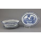 A blue and white pearlware 'Boy on a Buffalo' pattern chestnut basket and two stands, attributed