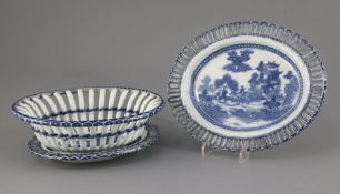 A blue and white pearlware 'Boy on a Buffalo' pattern chestnut basket and two stands, attributed